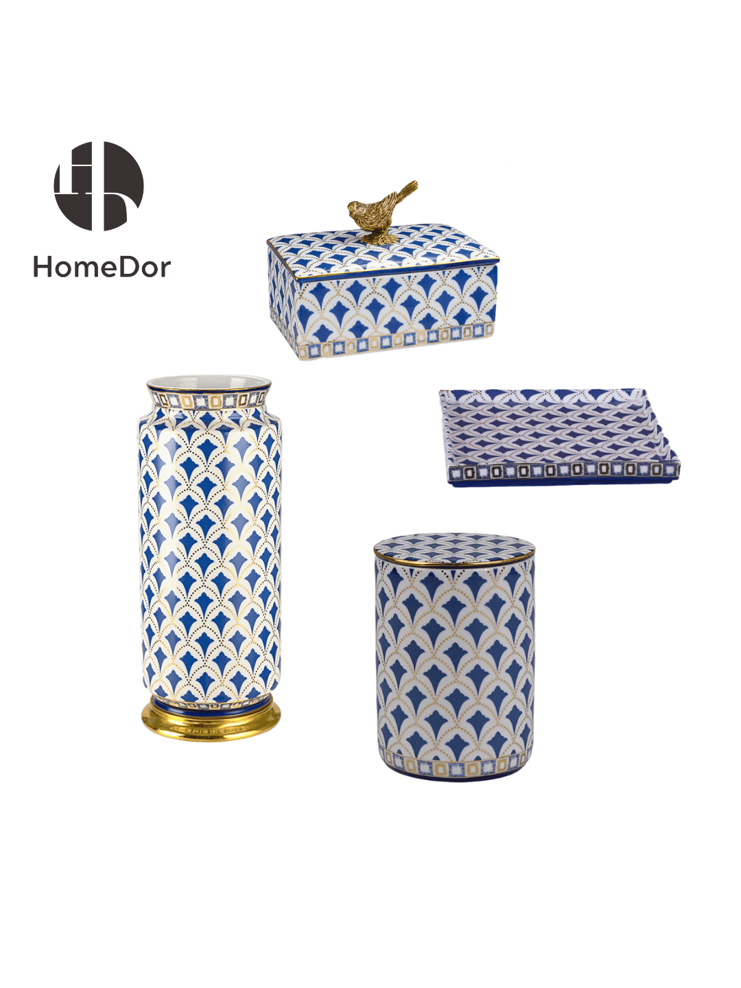Exquisite Blue and White Porcelain Table Decor Set with Geometric Patterns and Golden Accents