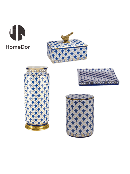 Exquisite Blue and White Porcelain Table Decor Set with Geometric Patterns and Golden Accents