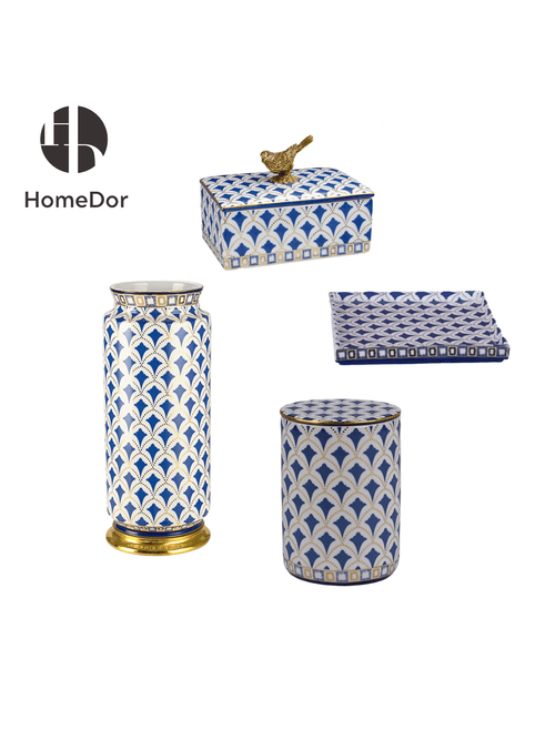 Exquisite Blue and White Porcelain Table Decor Set with Geometric Patterns and Golden Accents