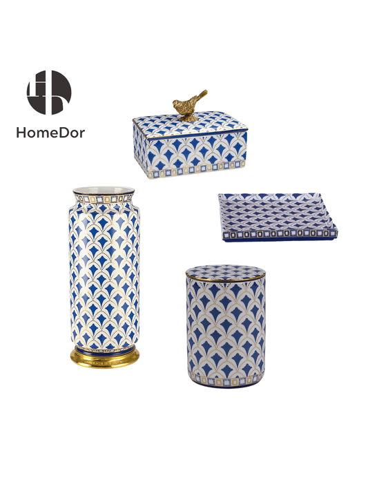 Exquisite Blue and White Porcelain Table Decor Set with Geometric Patterns and Golden Accents