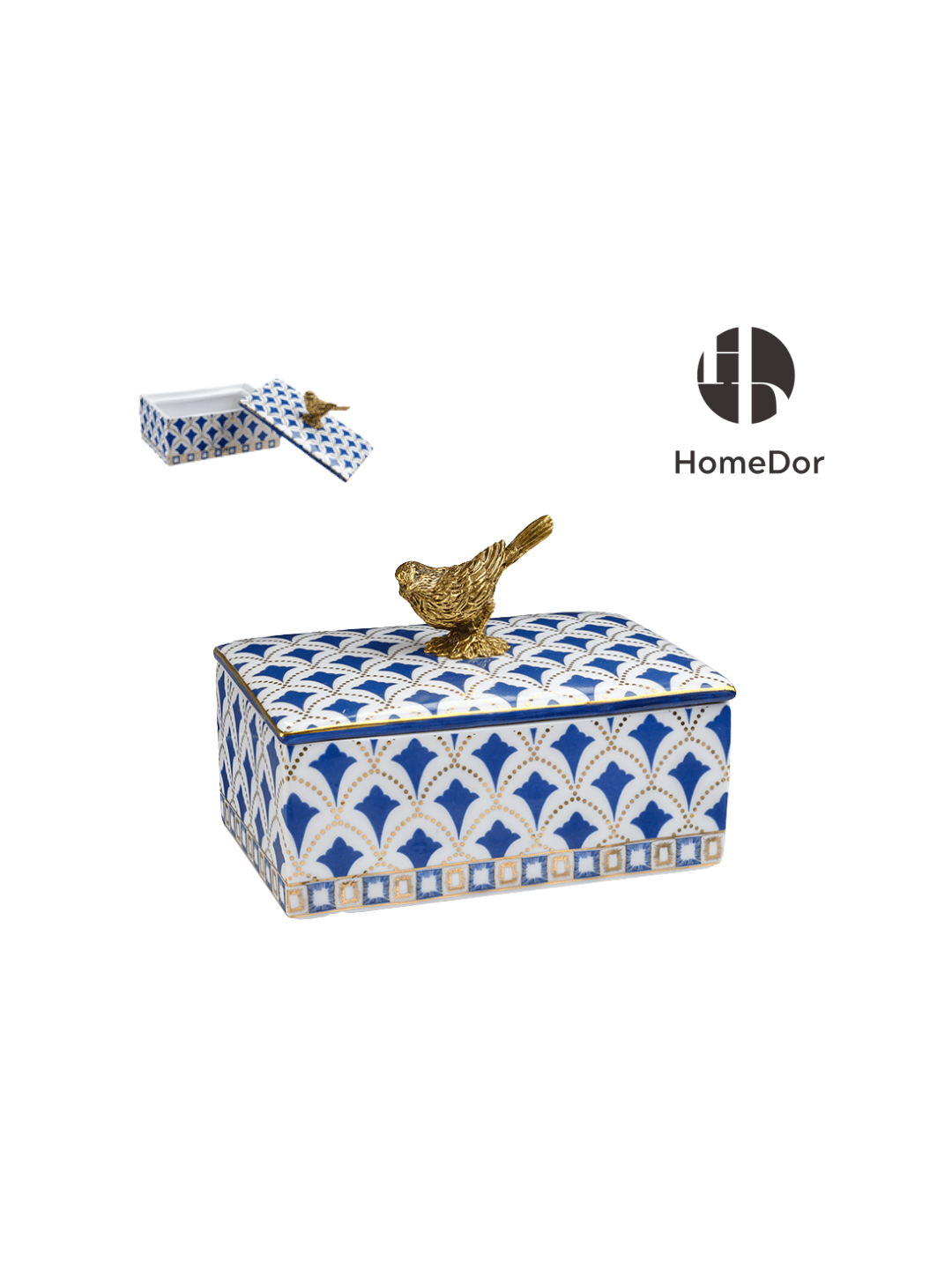 Exquisite Blue and White Porcelain Table Decor Set with Geometric Patterns and Golden Accents3