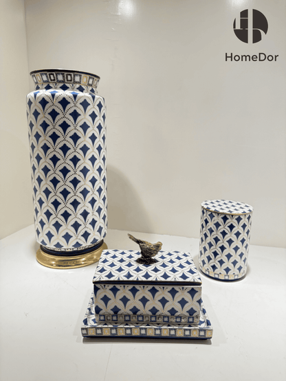 Exquisite Blue and White Porcelain Table Decor Set with Geometric Patterns and Golden Accents
6