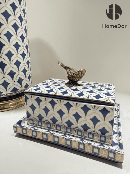 Exquisite Blue and White Porcelain Table Decor Set with Geometric Patterns and Golden Accents
7