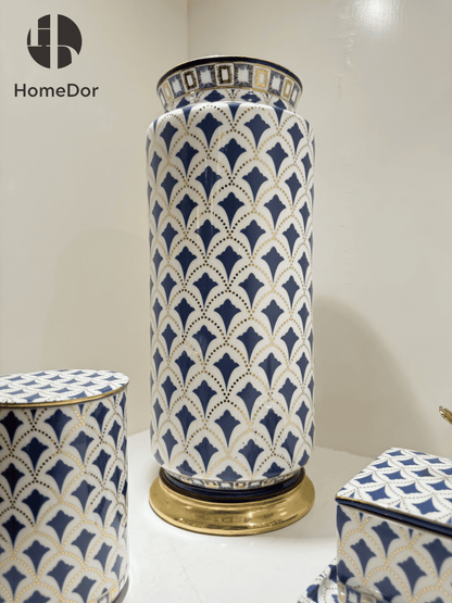 Exquisite Blue and White Porcelain Table Decor Set with Geometric Patterns and Golden Accents
8