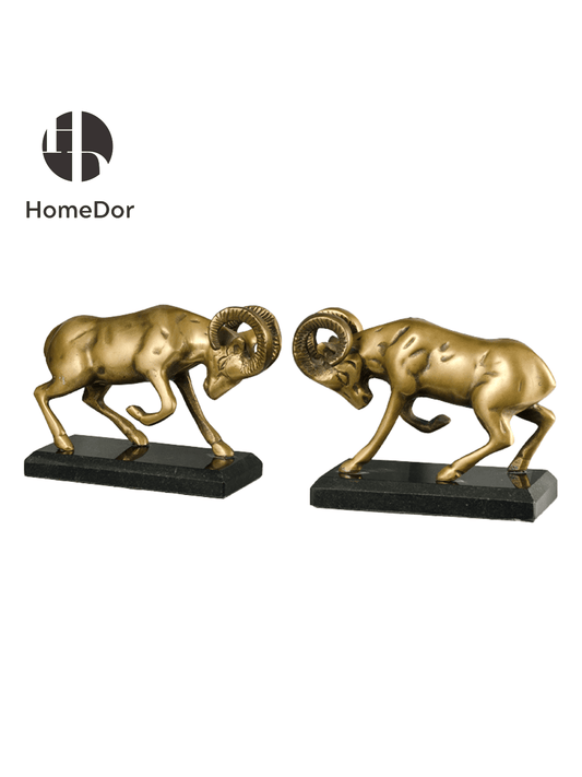 Exquisite Brass Ram Bookend Pair with Black Base