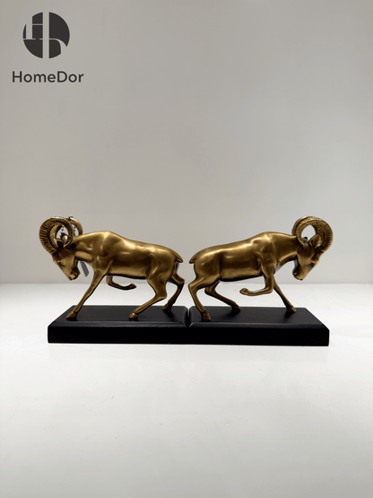 Exquisite Brass Ram Bookend Pair with Black Base1
