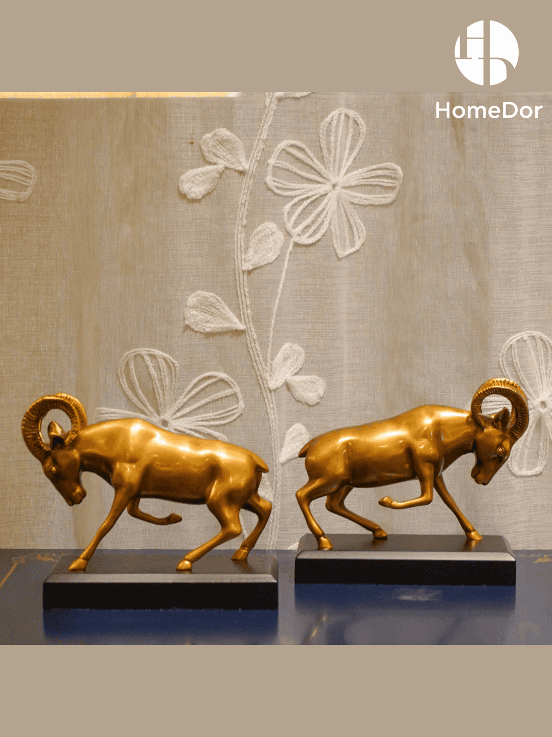 Exquisite Brass Ram Bookend Pair with Black Base
3