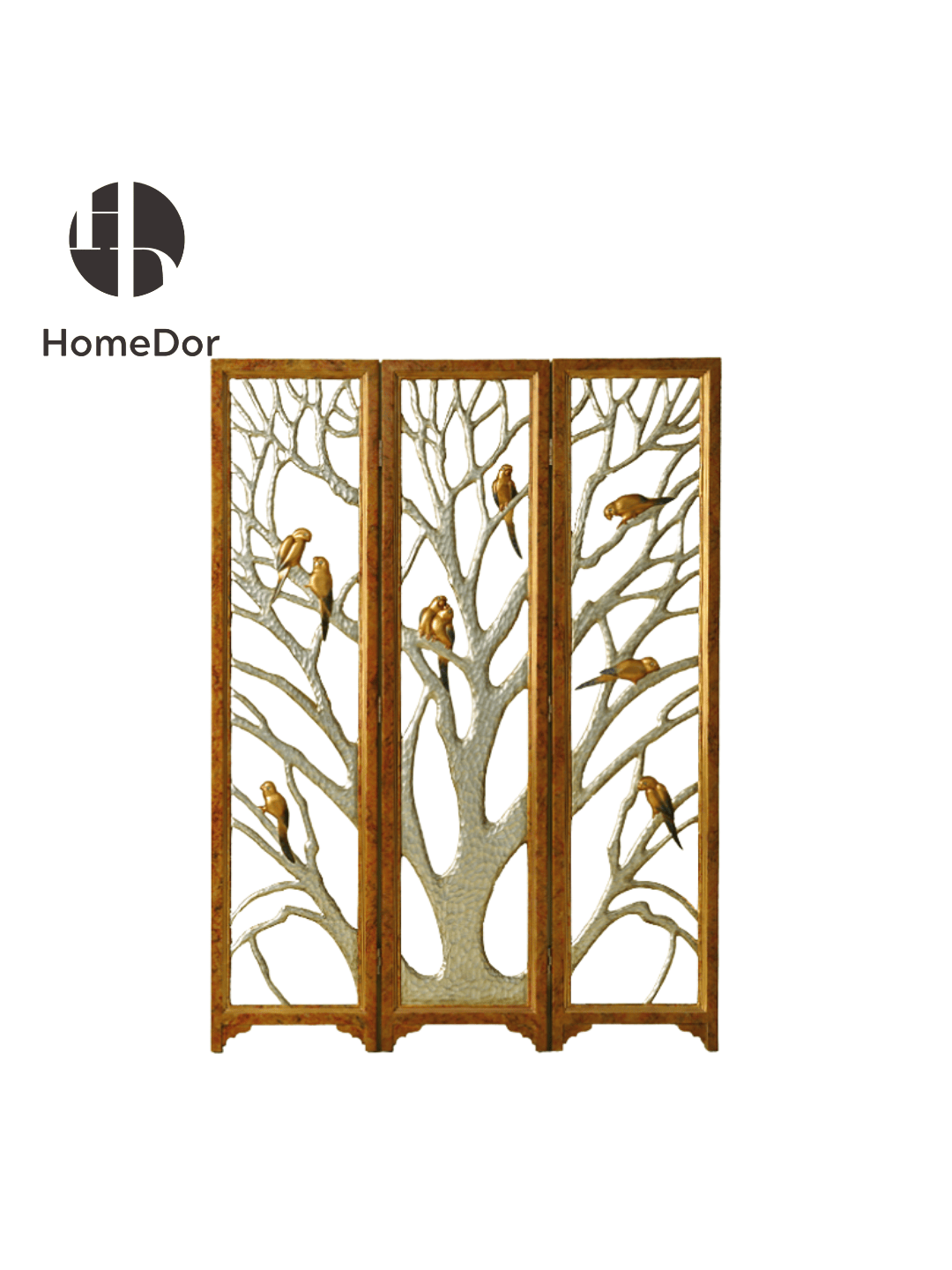 Exquisite Carved Wood Room Divider Featuring Tree and Bird Designs