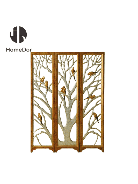 Exquisite Carved Wood Room Divider Featuring Tree and Bird Designs