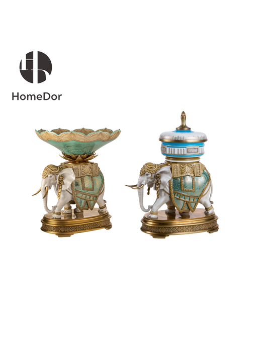 Exquisite Elephant Decor Set with Brass Base & Ceramic Lidded Jar & Fruit Dish Included