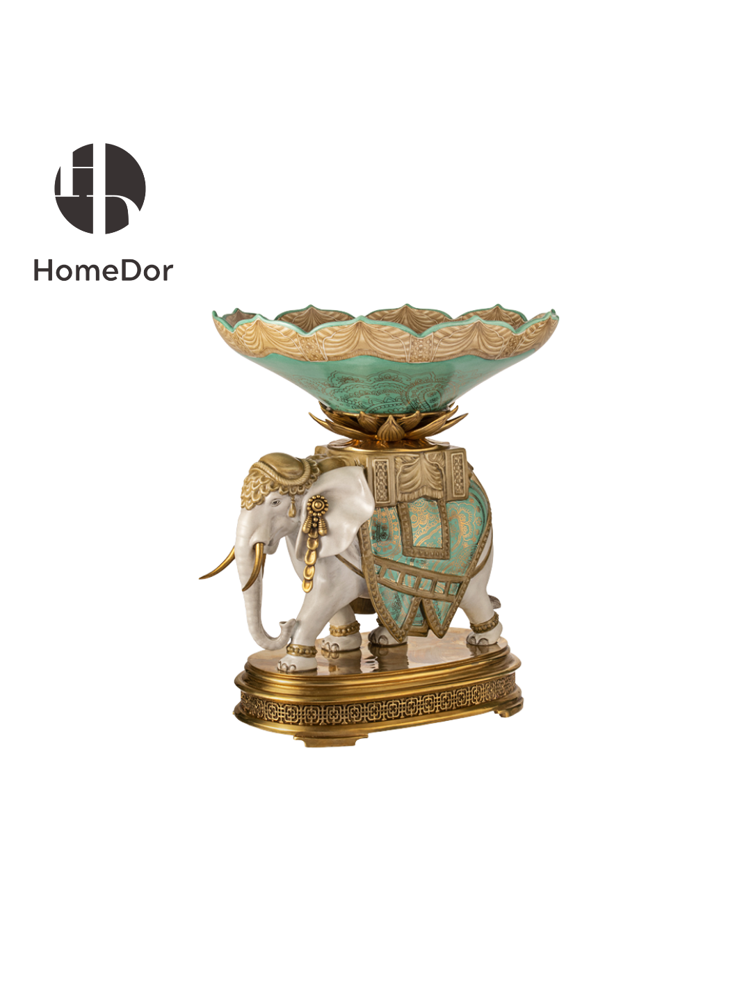 Exquisite Elephant Decor Set with Brass Base & Ceramic Lidded Jar & Fruit Dish Included1