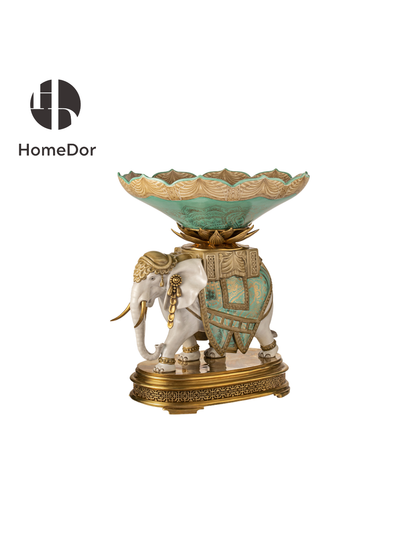 Exquisite Elephant Decor Set with Brass Base & Ceramic Lidded Jar & Fruit Dish Included1