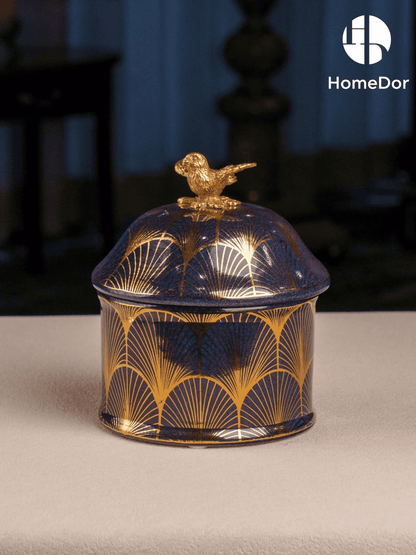 Exquisite Hand-Painted Ceramic Jar with Brass Bird Accen2