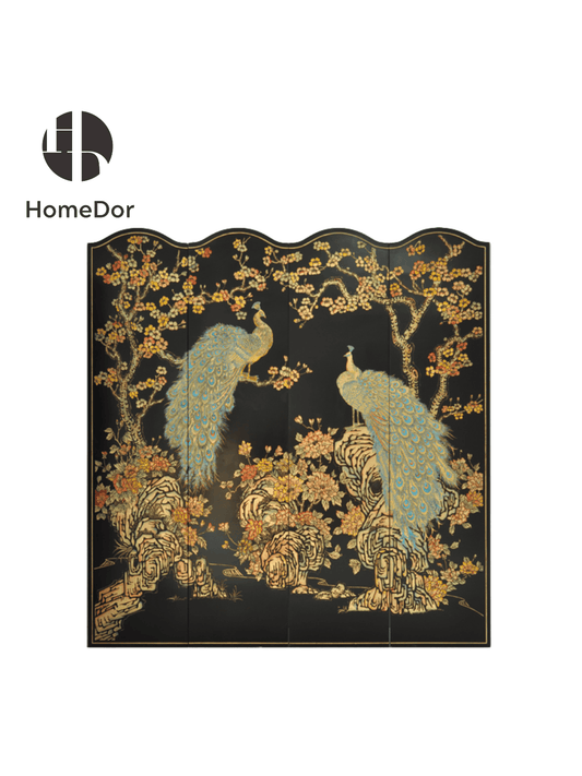 Exquisite Hand Painted Vivid Peacock Room Divider with Ornate Floral Artistry