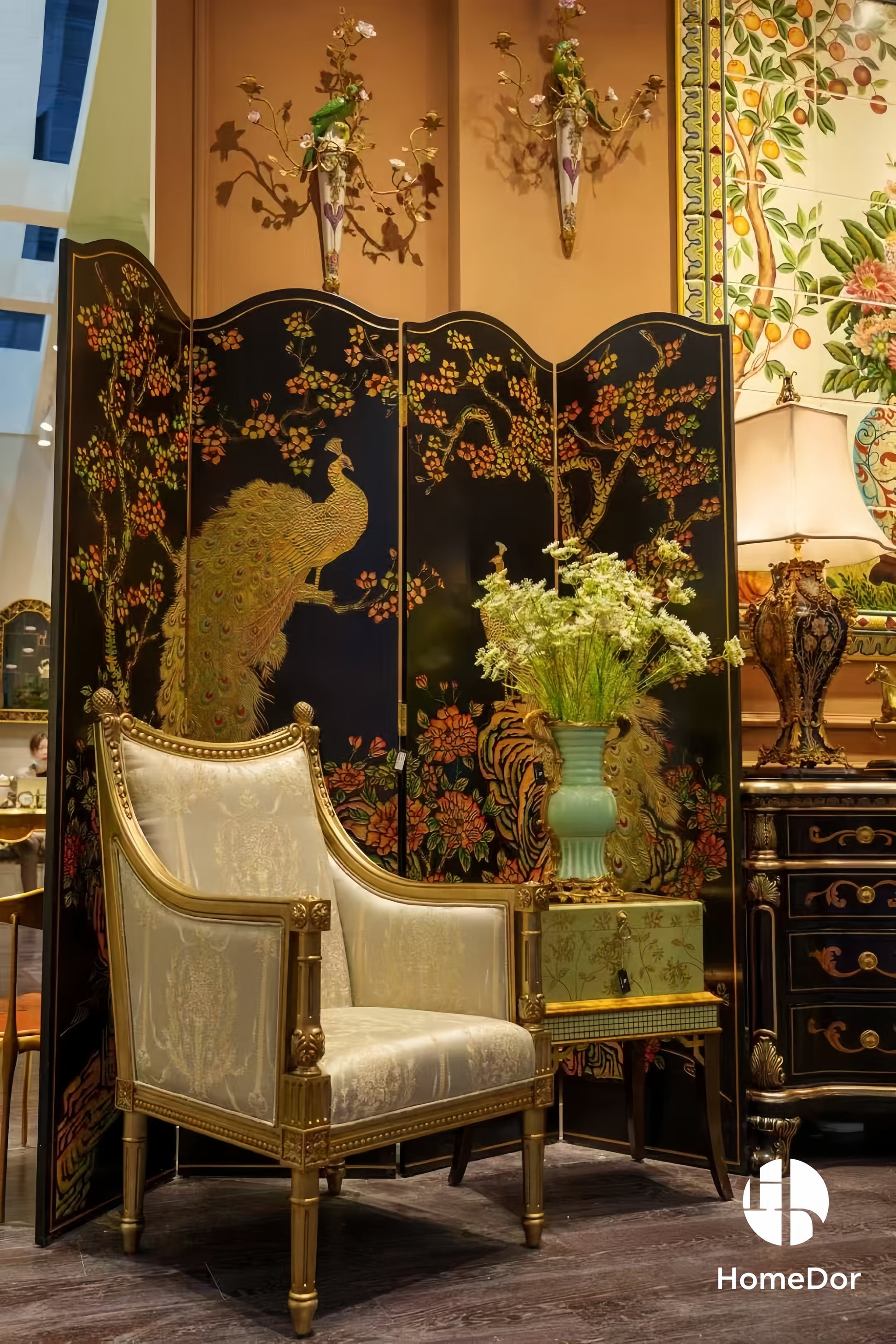 Exquisite Hand Painted Vivid Peacock Room Divider with Ornate Floral Artistry
1