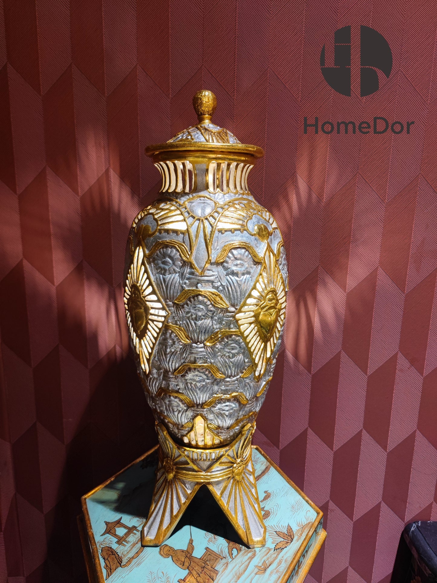 HomeDor × FH&Home | Exquisite Wooden Table Lamp with Hand-applied Gold and Silver Leaf