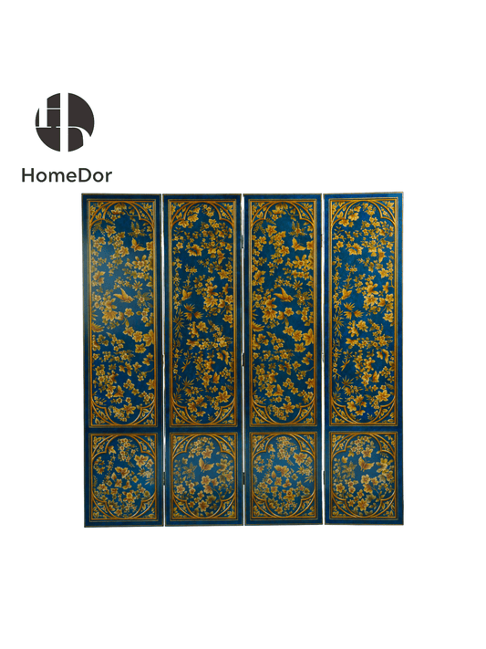 HomeDor Eye-Catching Blue and Gold Toned 4-Panel Room Divider with Delicate Floral and Bird Patterns-L51cm x H214cm x 4pcs-