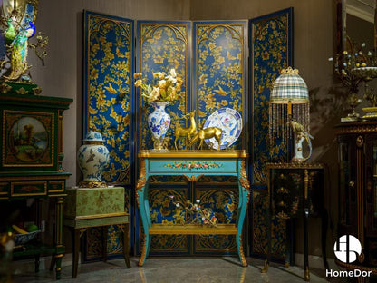 Eye-Catching Blue and Gold Toned 4-Panel Room Divider with Delicate Floral and Bird Patterns3
