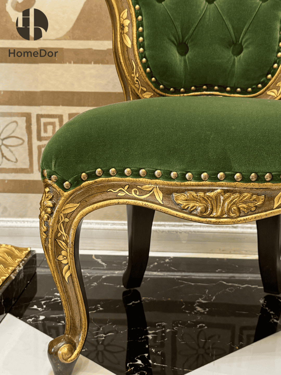 Inspired by 18th-century French Louis XV Rococo palace furniture, featuring ornate gold carvings and luxurious emerald velvet upholstery.