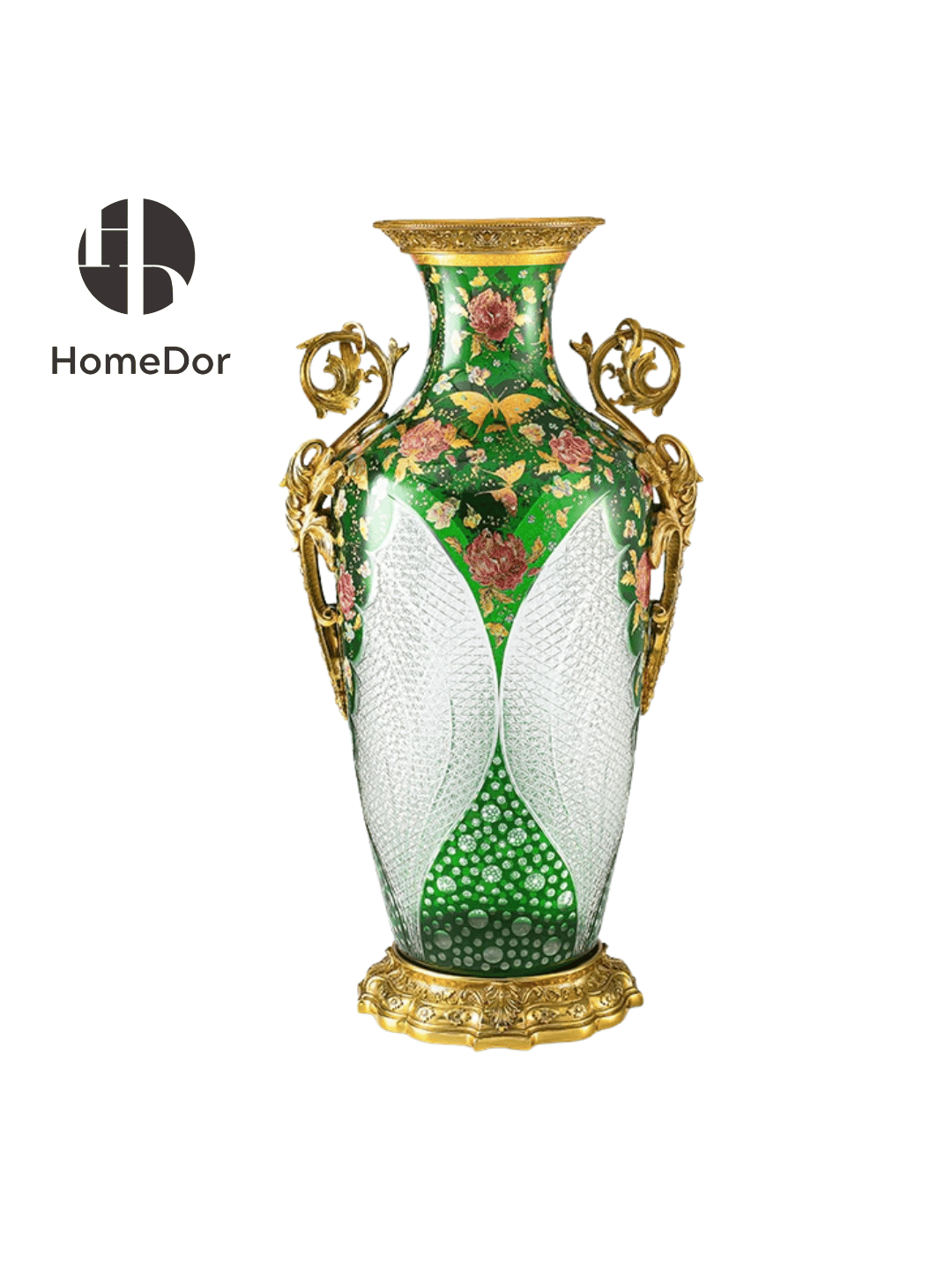 A French Rococo emerald cut glass vase painted with peonies and golden butterflies, set in gilt rocaille mounts. A garden in glass for elegant, collected interiors.