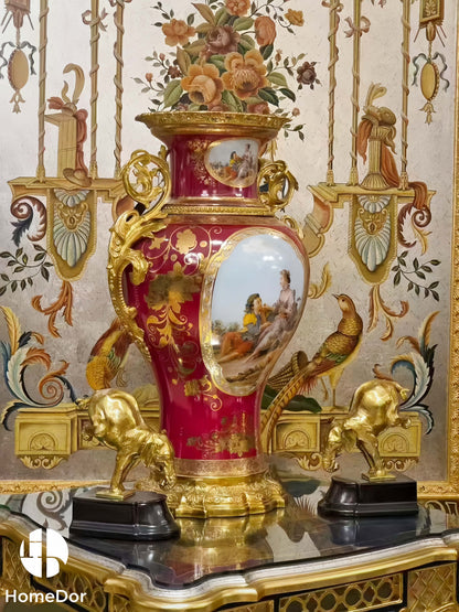 Jarrón de porcelana barroco rojo imperial HomeDor con montura de cobre