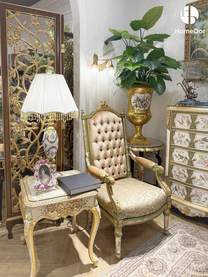 HomeDor Vintage Beige Rose Princess Lounge Chair & Graceful_White_Ceramic_Table_Lamp