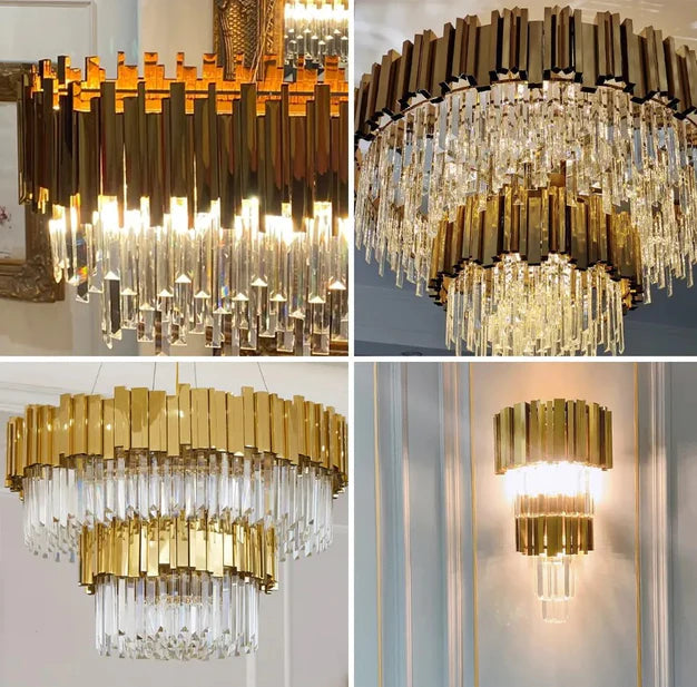 Lampadario di cristallo classico a 2 livelli Lohsen con finitura dorata