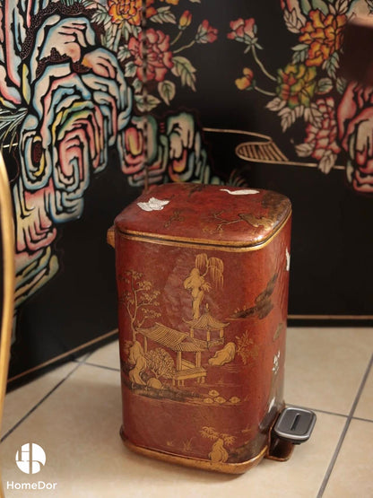 Papelera pintada a mano HomeDor Chinoiserie Coral Red Series Landscape