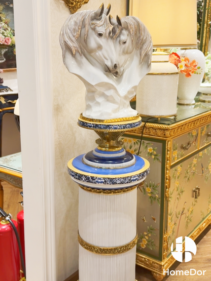 HomeDor × FH&Home | Elegant Porcelain Double Horse Head Sculptures with Decorative Pedestals