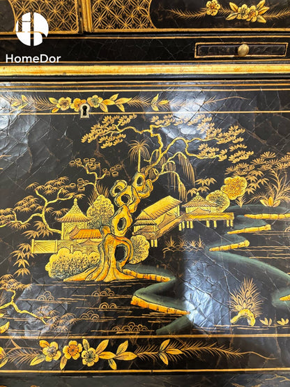HomeDor Exquisite Oriental Scenes Black Lacquer Secretary Bookcase