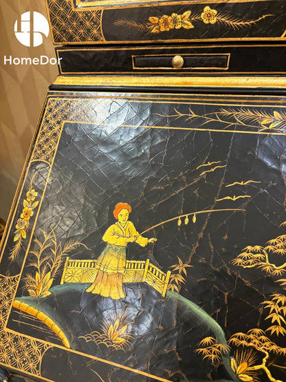 HomeDor Exquisite Oriental Scenes Black Lacquer Secretary Bookcase