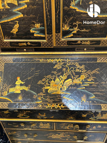 HomeDor Exquisite Oriental Scenes Black Lacquer Secretary Bookcase