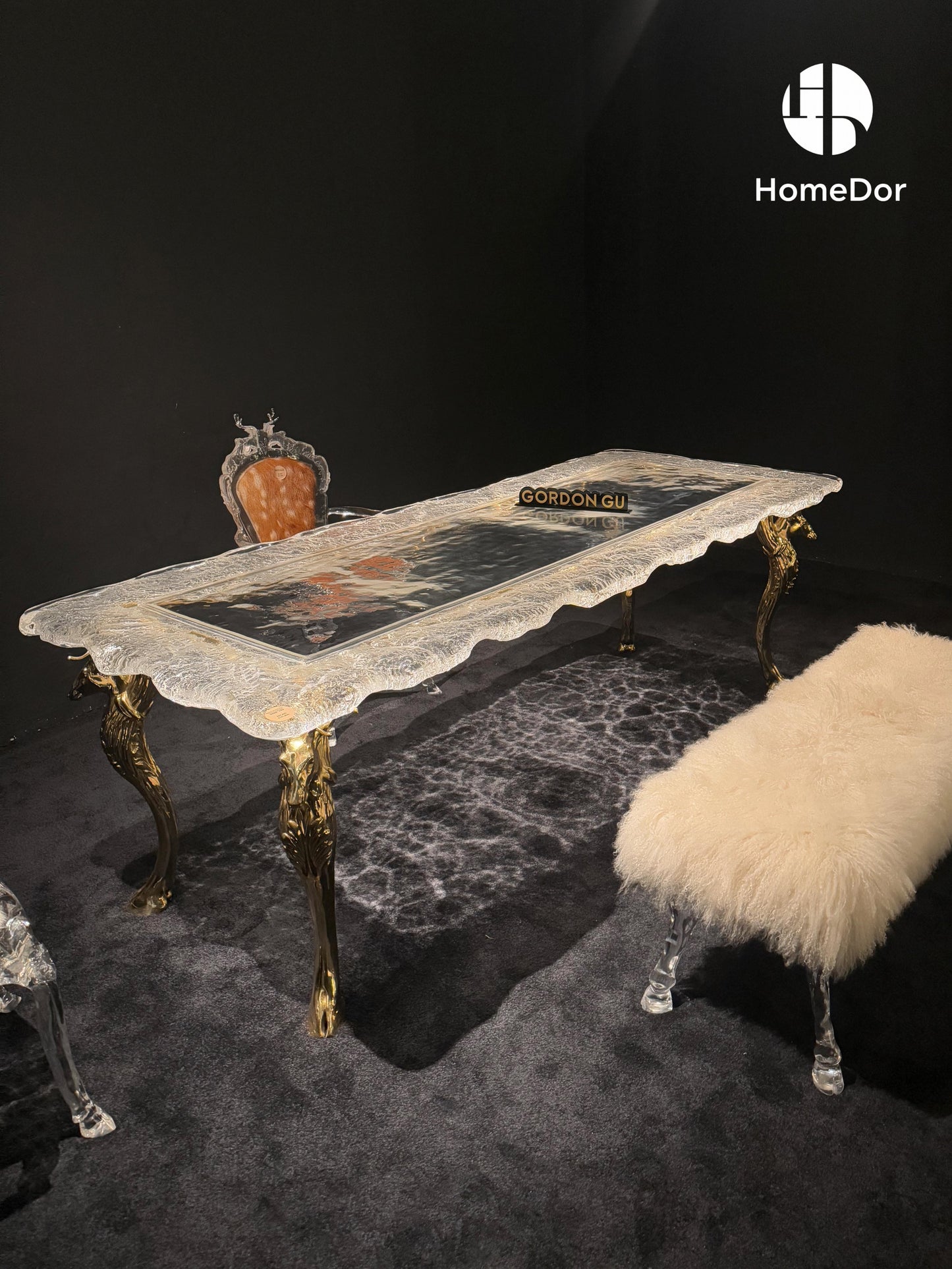 Luxury Bronze Deer Glacier Crystal Long Dining Table by Gordon Gu
