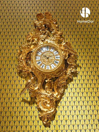 Heirloom Rococo Sculptural 24K Gilded Wall Timepiece
