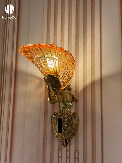 Hollywood Regency Amber Glass Peacock Feather Wall Sconce