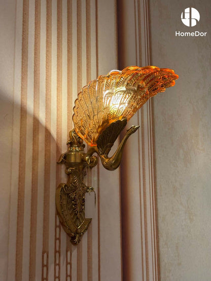 Hollywood Regency Amber Glass Peacock Feather Wall Sconce