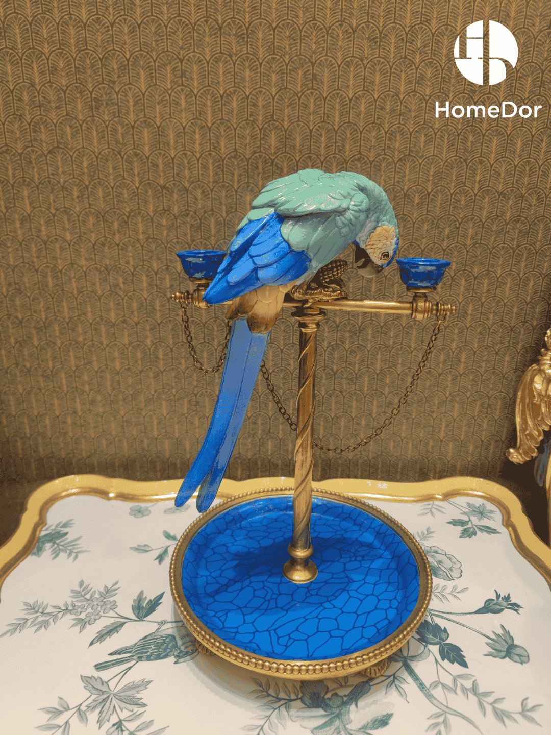 Hollywood Regency Turquoise Parrot Vanity Tray Candelabra featuring a sculptural parrot, jewel-toned tray, and gilded accents. A statement piece for Palm Beach-inspired interiors, vanities, and collected homes.
