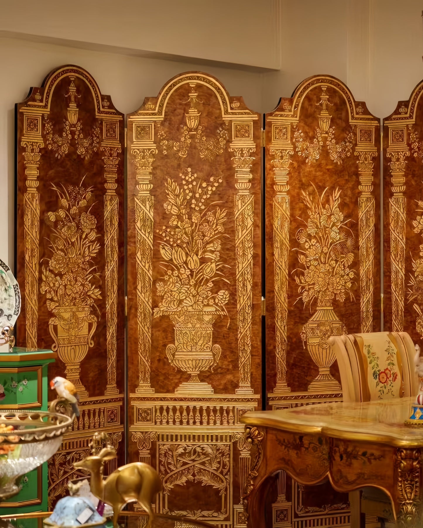 HomeDor-Luxury Brown and Gold Carved Room Divider with Floral Vase Elements-L61cm x H214cm x 4pcs-