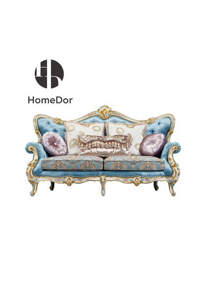 HomeDor HomeDor × FH&Home | Floral Collection Corolla Carved Mahogany Silky Blue Sofa-Sofas-2 Seater/L190cm×W99cm×H117cm-