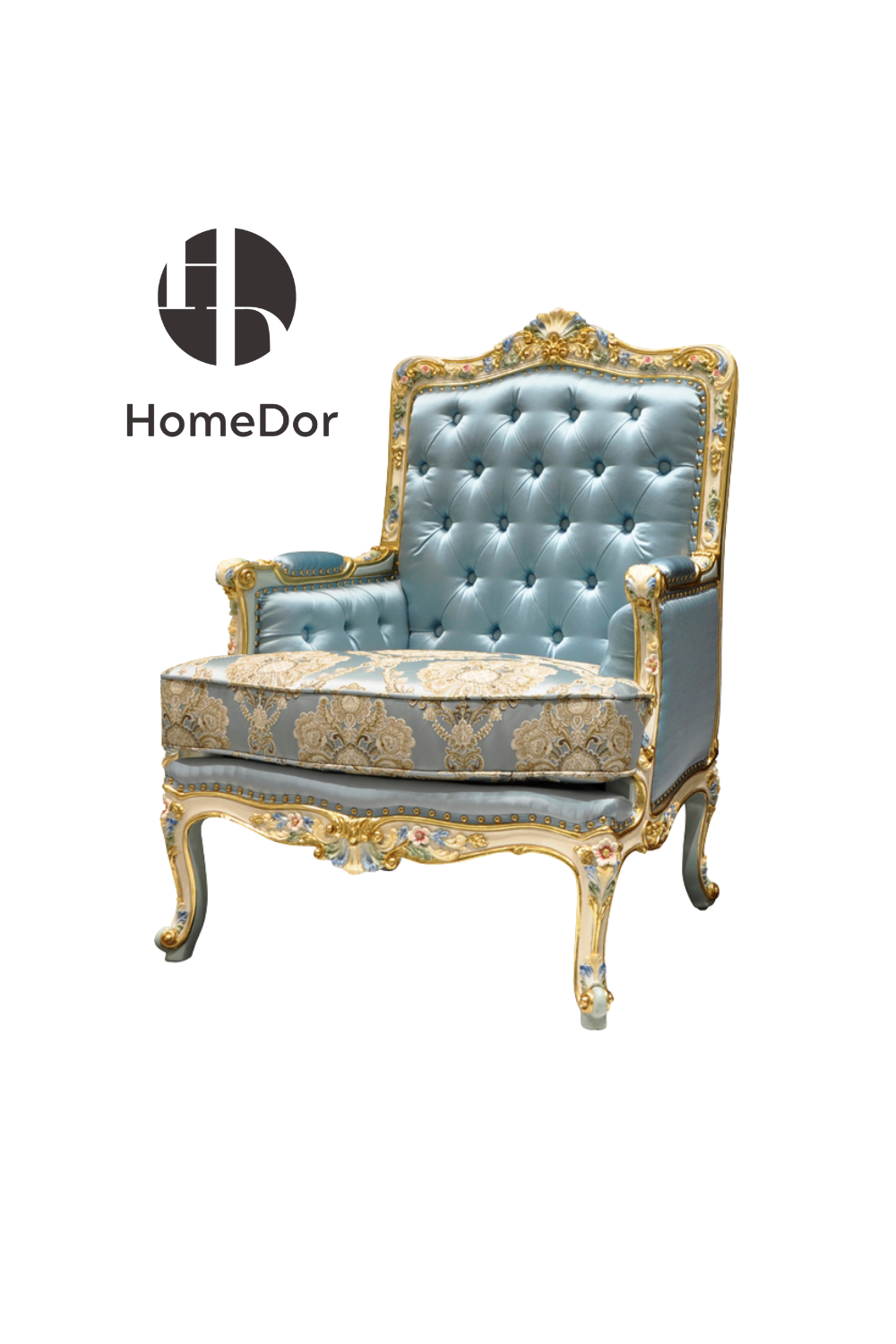 HomeDor HomeDor × FH&Home | Floral Collection Corolla Carved Mahogany Silky Blue Sofa-Sofas-1 Seater/L80cm × W75cm × H114cm-