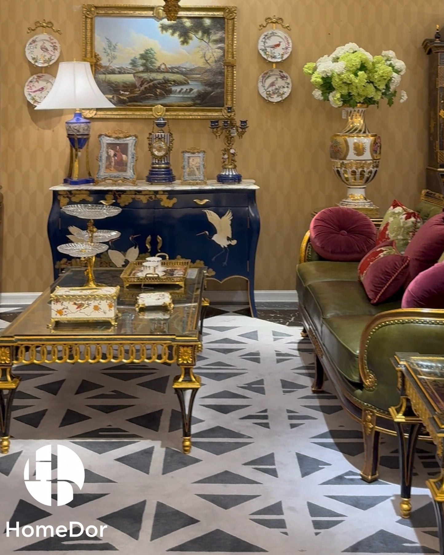 HomeDor × FH&Home | Luxury Chinoiserie Hand-Painted Crane & Pine Sideboard