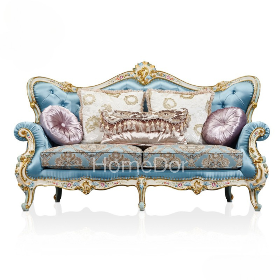 HomeDor × FH&Home | Blossom Crown Carved Mahogany Fabric Sofa Two/Three Seater Classic Floral Collection