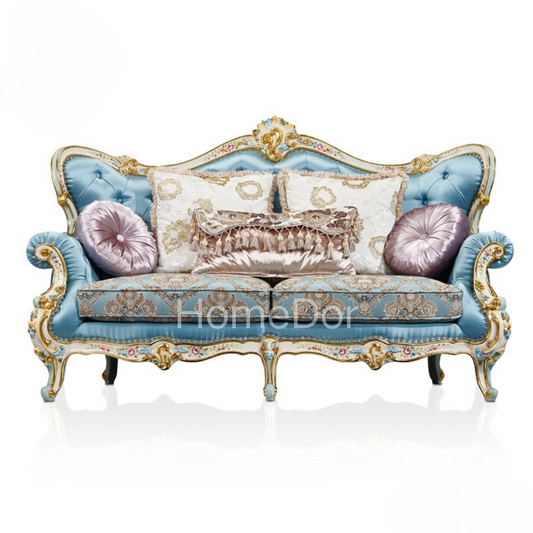 HomeDor × FH&Home | Blossom Crown Carved Mahogany Fabric Sofa Two/Three Seater Classic Floral Collection