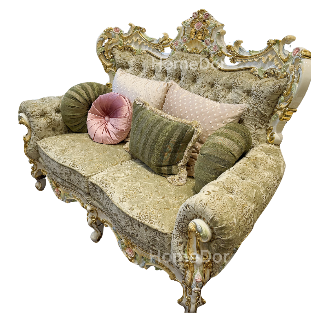 HomeDor × FH&Home | Royal French Rose Mahogany Fairy Green Sofa with Artisan Carving