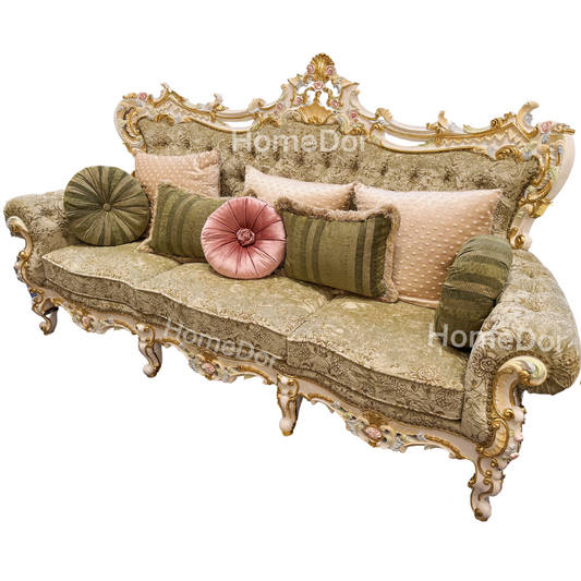 HomeDor × FH&Home | Royal French Rose Mahogany Fairy Green Sofa with Artisan Carving