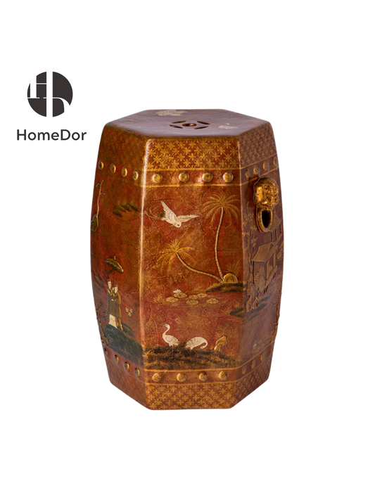 HomeDor Antique Lacquer Gilded Crane Motif Drum Stools