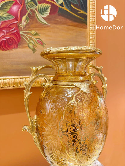 HomeDor Aurora Glass - Juego de flores grabadas en ámbar y dorado 