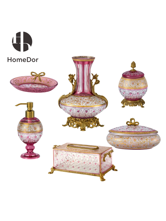 HomeDor Aurora Glass Blush Etched Floral Table Decor Set