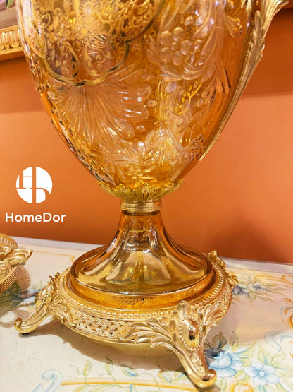 HomeDor Aurora Glass - Juego de flores grabadas en ámbar y dorado 