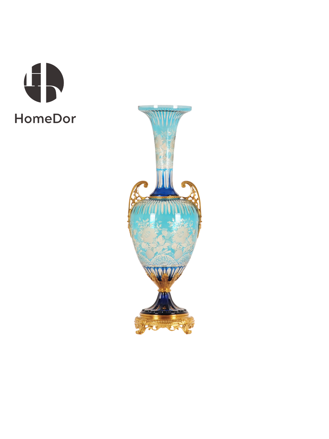 Handcrafted HomeDor Aurora Glass Light Blue Etched Floral Vase for luxury mansion style foyer decor